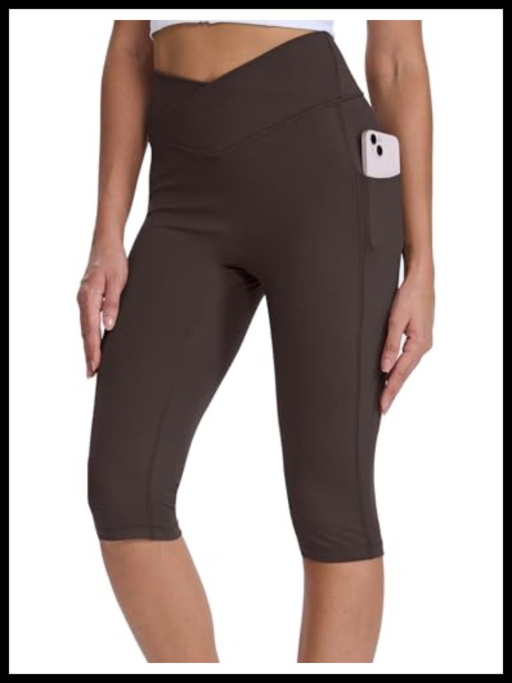 Women's Capri Leggings High Rise Crossover Waist Pockets Yoga Workout